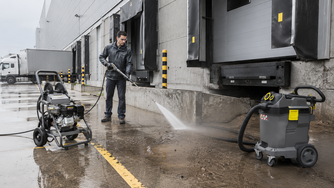 Limpieza de andenes de carga con hidrolavadora Kärcher para prevenir accidentes durante temporada de lluvias.