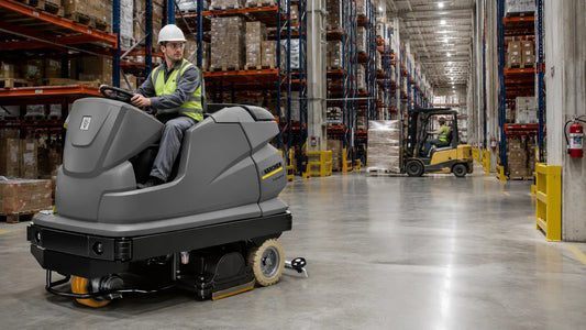 Fregadora de piso Kärcher B 250 R Bp Pack Dose D100 hombre a bordo limpiando una nave industrial de gran tamaño, optimizando la limpieza de grandes superficies con mayor productividad y menor fatiga para el operador.